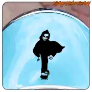 Black hooded skull design on a skateboard, applied to a curved blue surface