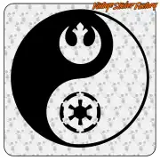 Diseño yin yang con símbolos inspirados en Star Wars sobre fondo claro