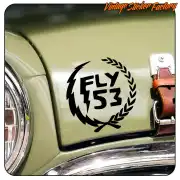 Black FLY53 sticker applied to the bodywork of a classic car
