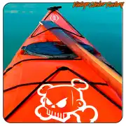 Calavera caricaturizada blanca aplicada sobre una tabla de paddle surf naranja