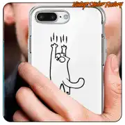 Simon’s Cat sticker with elongated cat and raised arms, applied to a phone case