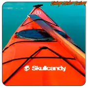 White Skullcandy text applied to the orange deck of a water board