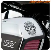 Decorative skull applied to the white fuel tank of a motorcycle