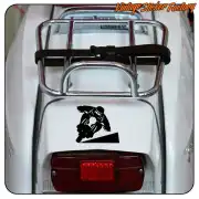 Black tilted motorcyclist decal applied to the rear of a white motorcycle