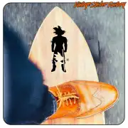 Silhouette von Goku als Kind und Erwachsener auf einem Surfbrett neben Schuhwerk