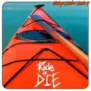 «Ride or Die» sticker placed on the cover of an orange paddleboard