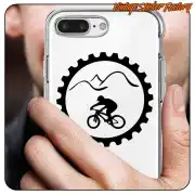 Cyclist design with mountain and toothed ring applied to a phone’s transparent case