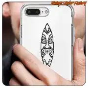 Black and white tiki design applied to a phone’s transparent case