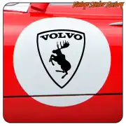 Black VOLVO ELK design applied over a white circle on the red bodywork of a car