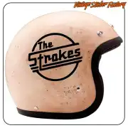 Black circular The Strokes design applied to a motorcycle helmet