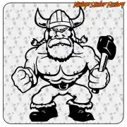 Viking design with horned helmet, beard, fist and hammer