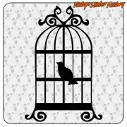 Black decorative cage design with a bird on a patterned light background
