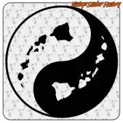 Design circulaire noir et blanc avec symbole yin yang et silhouettes d’îles