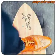 Pegatina de correcaminos aplicada sobre una tabla de madera.