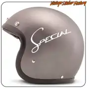 White SPECIAL design applied to a grey motorcycle helmet