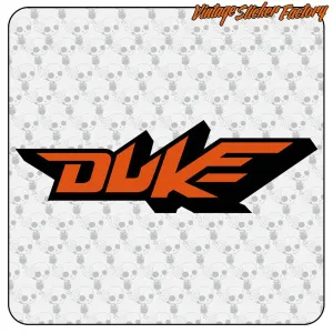 Zweifarbiger orange-schwarzer Duke-Logoaufkleber auf einem Präsentationshintergrund