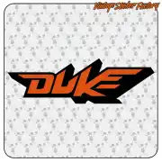 Adhésif avec logo Duke bicolore orange et noir sur fond de présentation