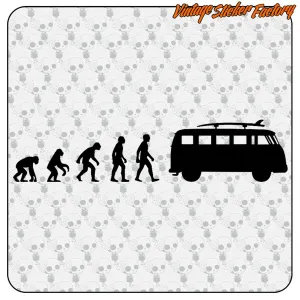 Diseño completo de evolución humana junto a una furgoneta camper T1