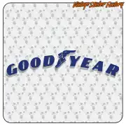 GOOD YEAR Design in geschwungenen blauen Buchstaben mit zentraler Schuh- oder Stiefelfigur