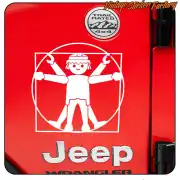 Diseño de figura tipo Playmobil dentro de un círculo y un cuadrado, aplicado sobre un Jeep rojo