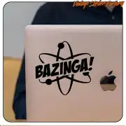Autocollant BAZINGA ! noir avec symbole atomique, appliqué sur un ordinateur portable
