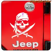 Skull with bandana and two crossed sabres applied to the red door of a Jeep Wrangler