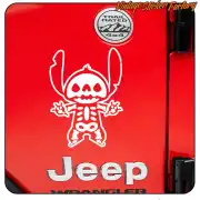 Stitch design with a skeleton appearance applied to the rear of a red Jeep