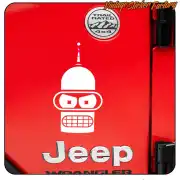 White Bender sticker applied to the red door of a Jeep Wrangler