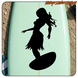 Silhouette noire sur le thème du surf appliquée sur une planche vert clair