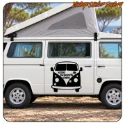 «Van Sweet Van» sticker placed on the side door of a camper van