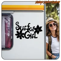 Pegatina SURFER GIRL negra sobre una caravana, con una mujer al lado