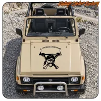 Front view of an off-road vehicle with the Skull Kite sticker on the bonnet
