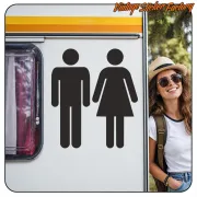 Aufkleber mit schwarzen Männer- und Frauensymbolen auf einem Wohnwagen