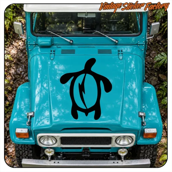 Front view of a turquoise vehicle with a black tribal turtle on the bonnet