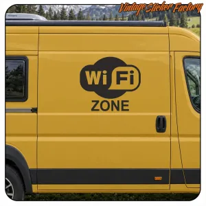 Black and yellow WIFI ZONE sticker applied to the side of a yellow van