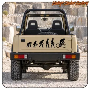 Human evolution ending with a cyclist placed on the rear door of an all-terrain vehicle