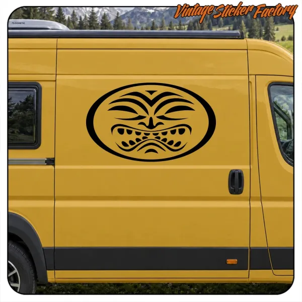 Alternative view of a yellow van with the black tribal sun sticker