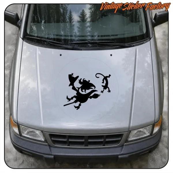 Application of the witch and winged creature silhouette on a vehicle bonnet