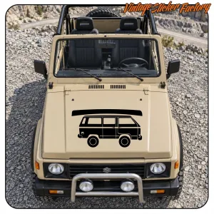 Camper van decal with a kayak placed on the bonnet of an off-road vehicle