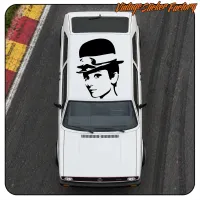 Top view of a white car with the portrait design applied to the roof