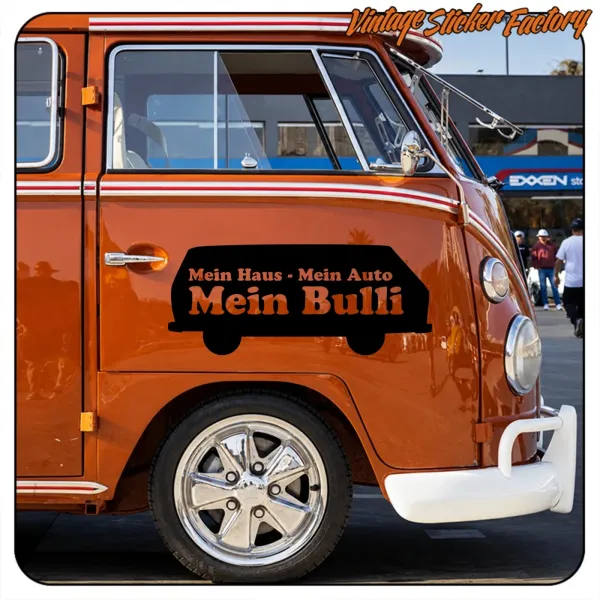 Vinyl with van silhouette and German text applied to an orange camper van