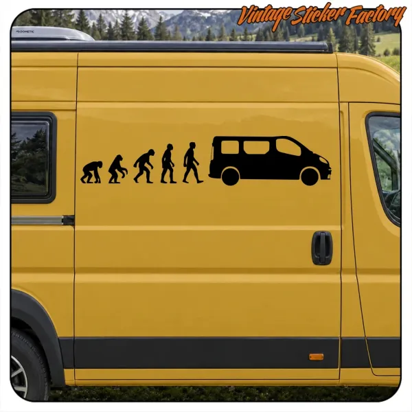 Vue du design de l’évolution humaine et de la fourgonnette sur un van jaune