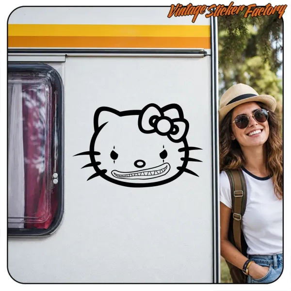 Kitty Clown design in black applied to the white door of a caravan