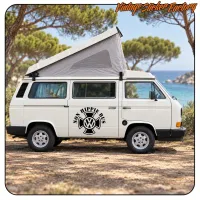 Side view of a camper van with the “NON HIPPIE BUS” design applied