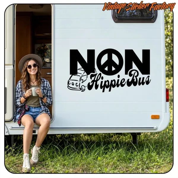 Motorhome with the «NON Hippie Bus» sticker placed on the rear panel