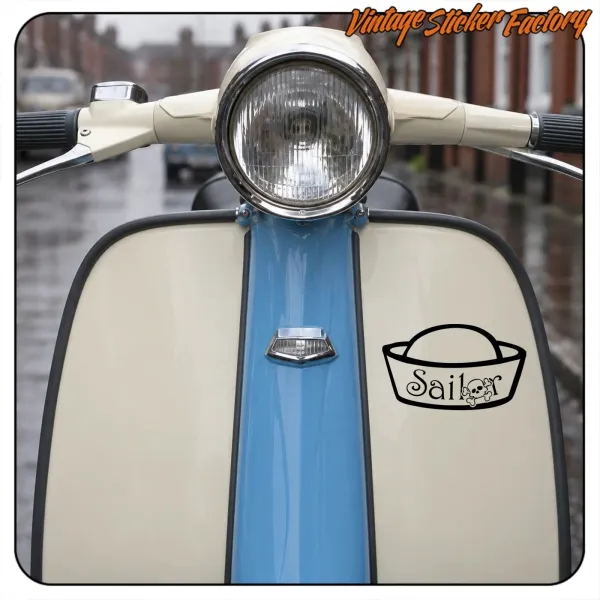 Front view of a classic scooter with the Sailor sticker on the right panel