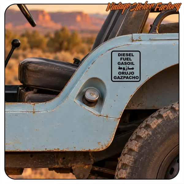 View of the sticker with multilingual text applied to the side of a vintage vehicle