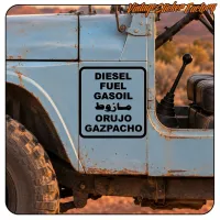 Vue du design DIESEL FUEL GASOIL, écriture arabe, ORUJO et GAZPACHO sur la porte d’un véhicule tout-terrain