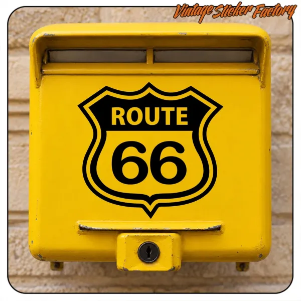 Bouclier Route 66 noir et jaune appliqué sur une boîte aux lettres jaune