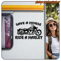 Alternative view of the «SAVE A HORSE RIDE A HARLEY» decal applied to a caravan